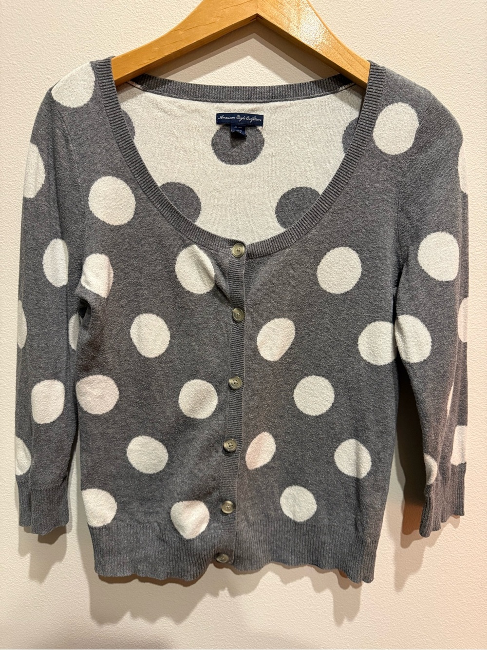 American Eagle Outfitters Gray and White Polka Dot Button Cardigan